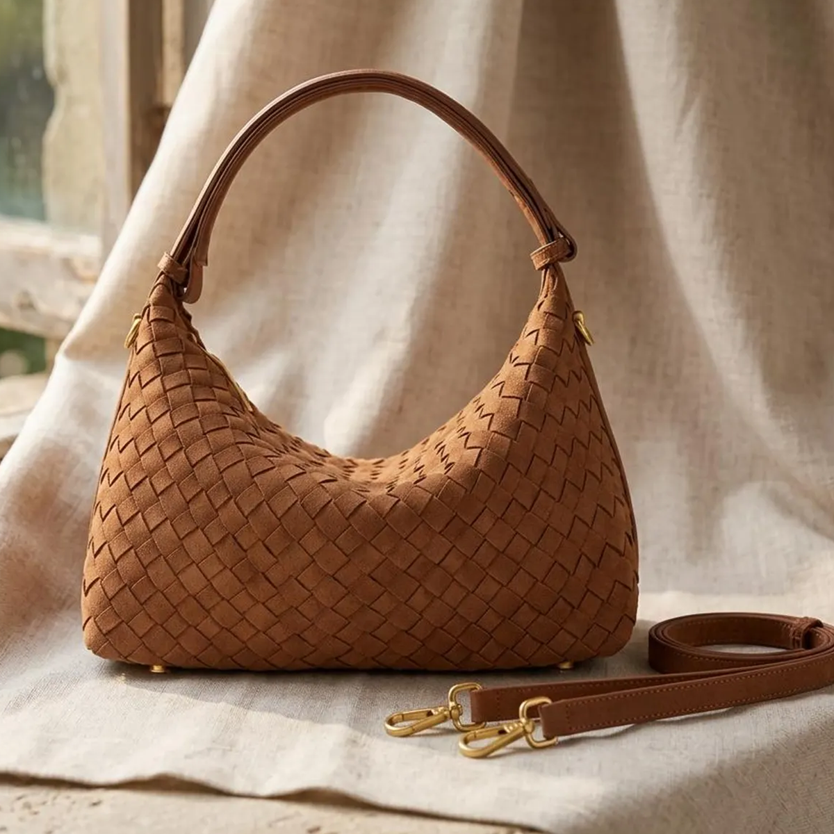Brown Matte Leather Hobo Shoulder Bag With Detachable Crossbody Strap