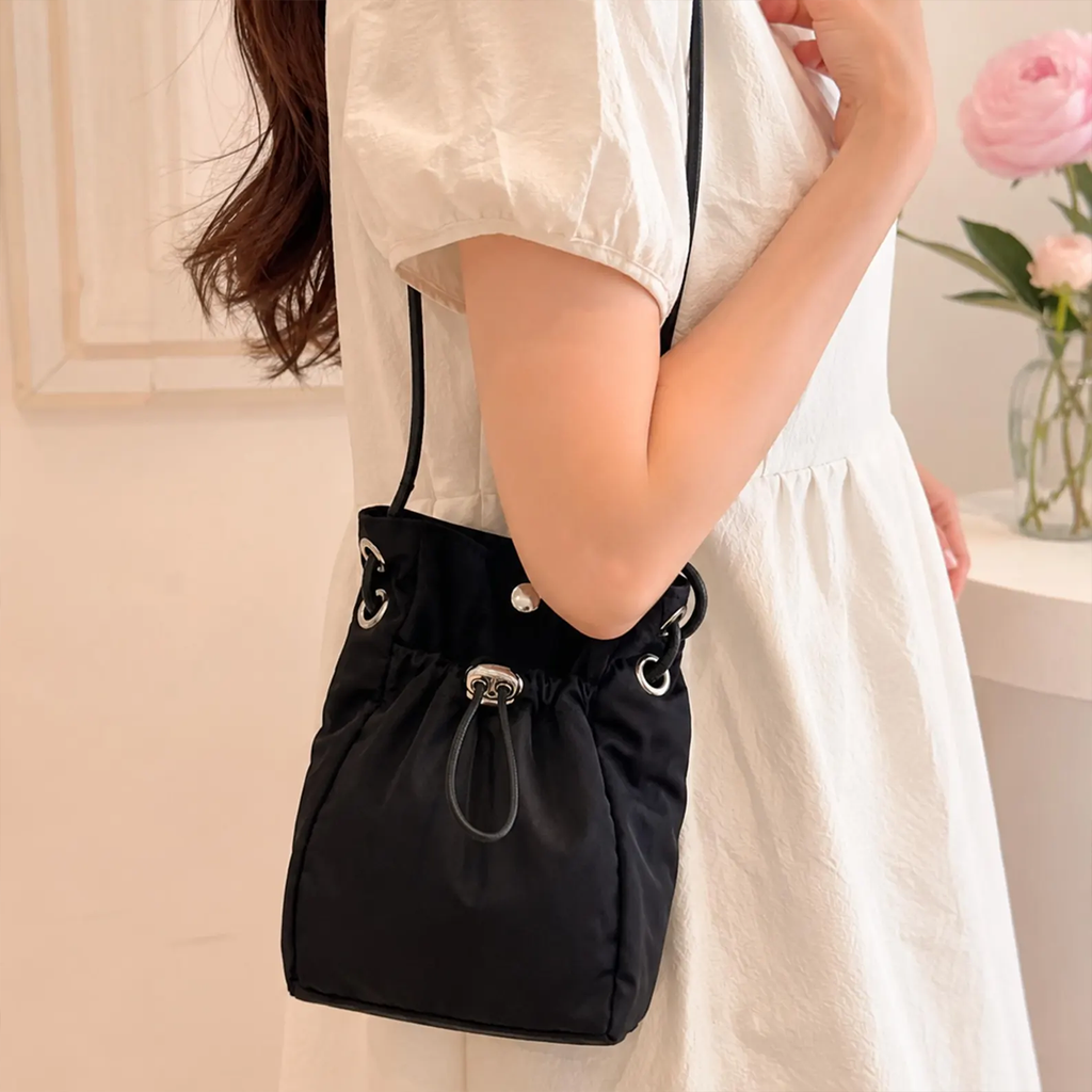 Black Lightweight Nylon Mini Drawstring Crossbody Shoulder Bag
