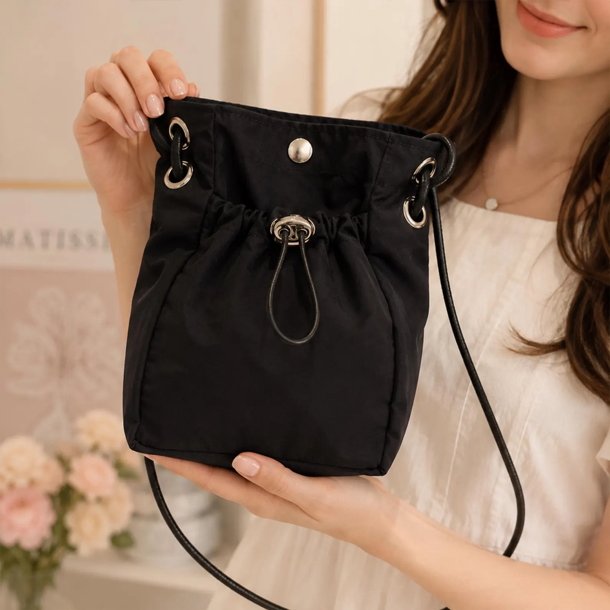 Black Lightweight Nylon Mini Drawstring Crossbody Shoulder Bag