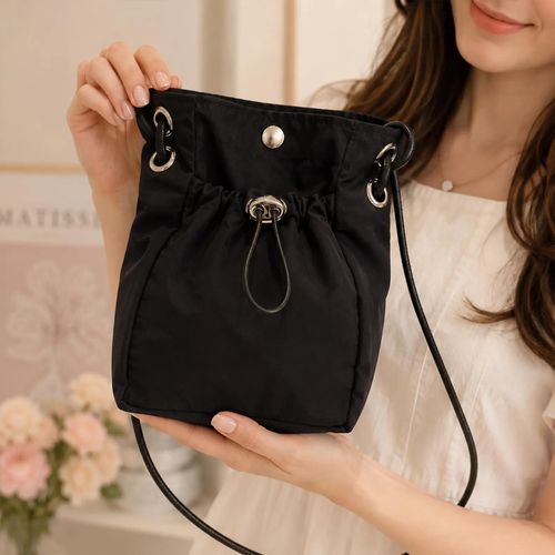 Black Lightweight Nylon Mini Drawstring Crossbody Shoulder Bag