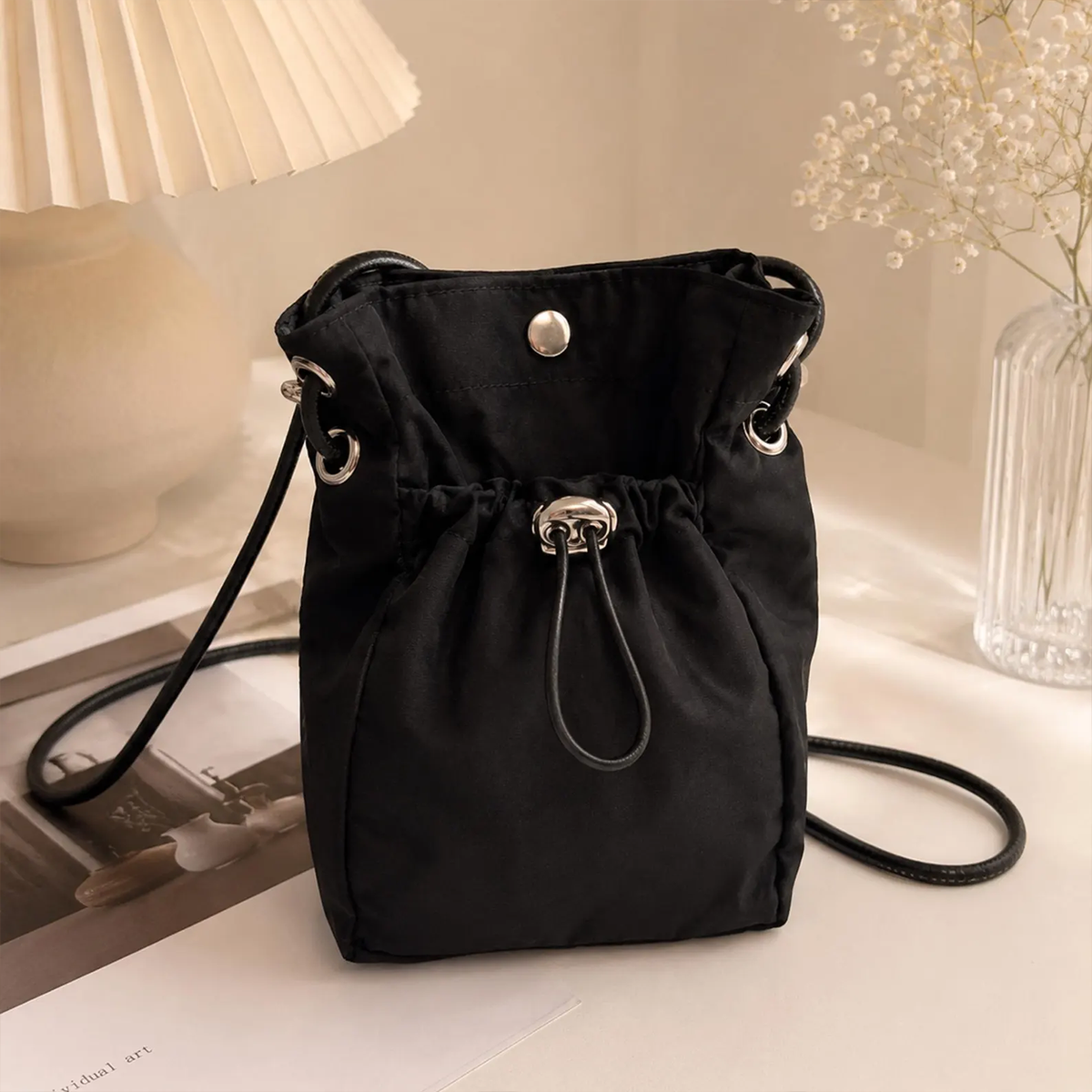 Black Lightweight Nylon Mini Drawstring Crossbody Shoulder Bag