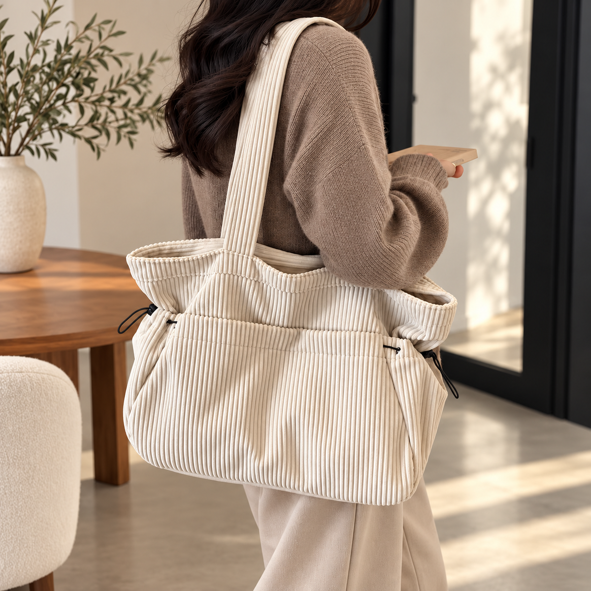 White Lightweight Corduroy Large Capacity Casual Tote Shoulder Bag