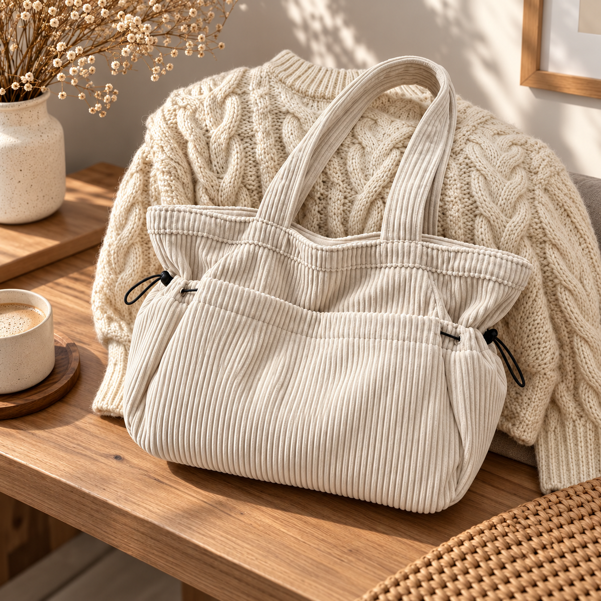 White Lightweight Corduroy Large Capacity Casual Tote Shoulder Bag