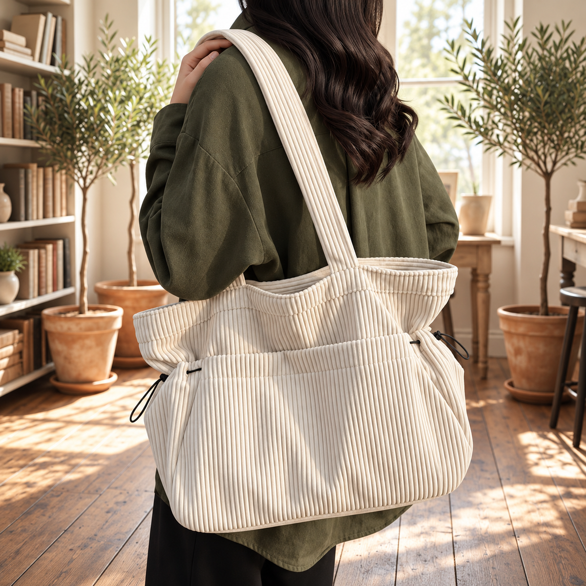 White Lightweight Corduroy Large Capacity Casual Tote Shoulder Bag