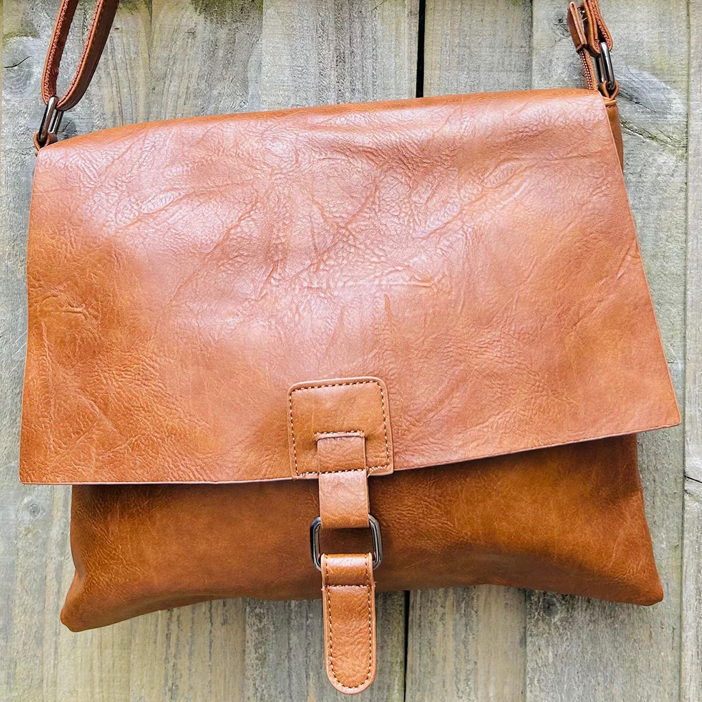 Brown Vegan Leather Flap Satchel Crossbody Shoulder Bag
